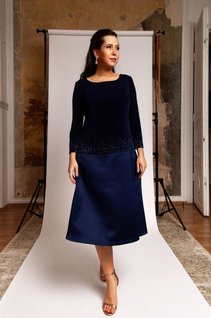 Вечернее платье Alex Evenings синее с бисером напрокат